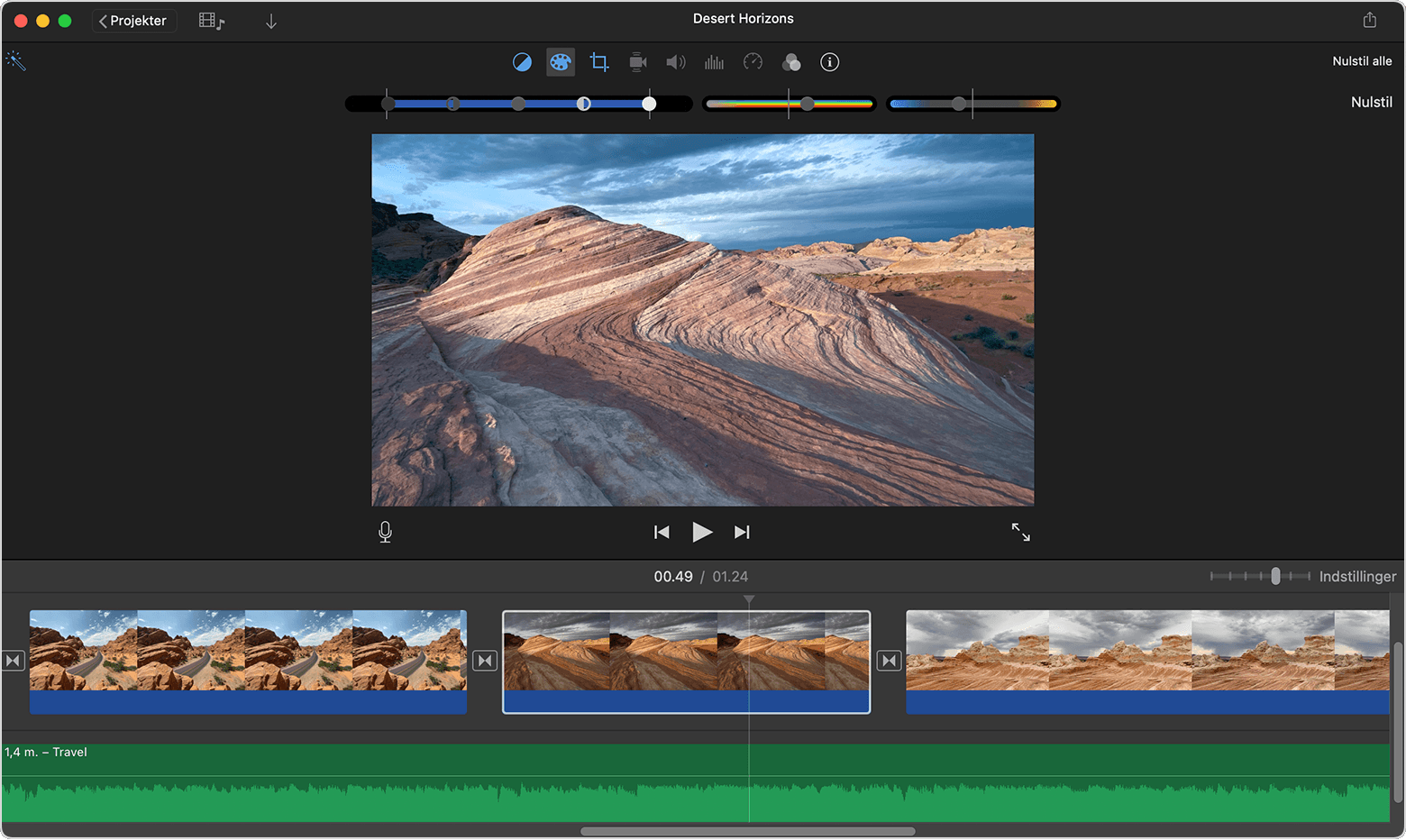 Vindue med iMovie-projekt på Mac med betjeningsfunktionerne til farvekorrektion