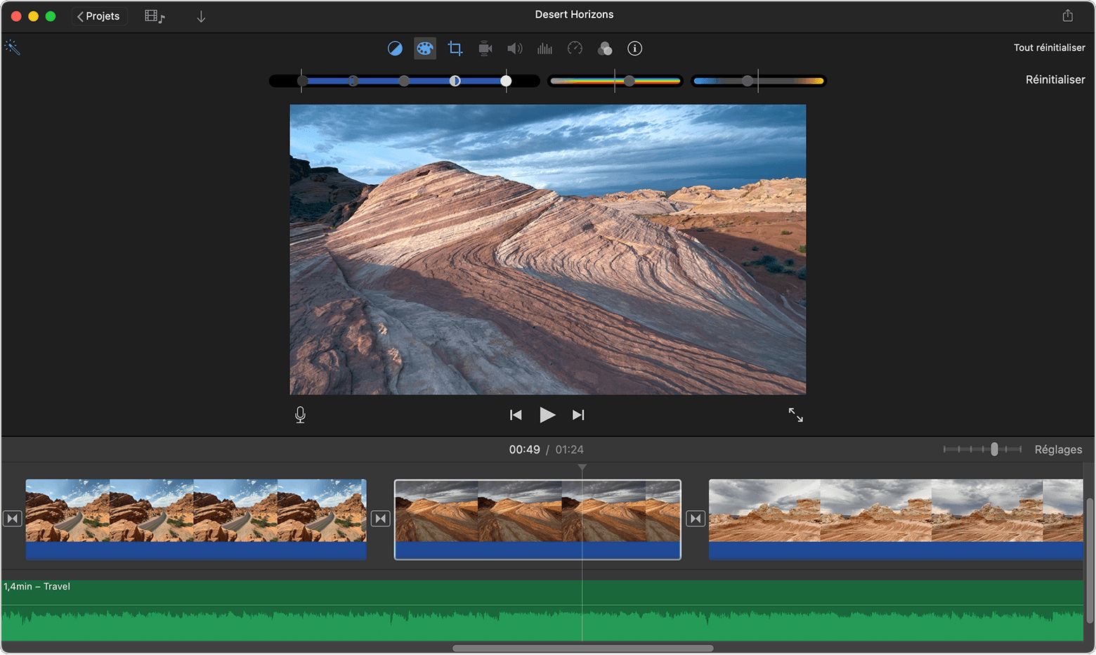 Fenêtre de projet iMovie pour Mac affichant les commandes Étalonnage de couleurs