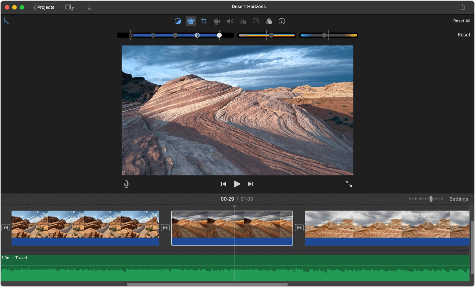 iMovie for Mac project window with Colour Correction controls visible