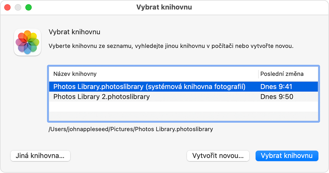 Aplikace Fotky v macOS s oknem Vybrat knihovnu