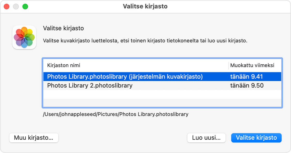 macOS:n Kuvat-appi ja Valitse kirjasto -ikkuna