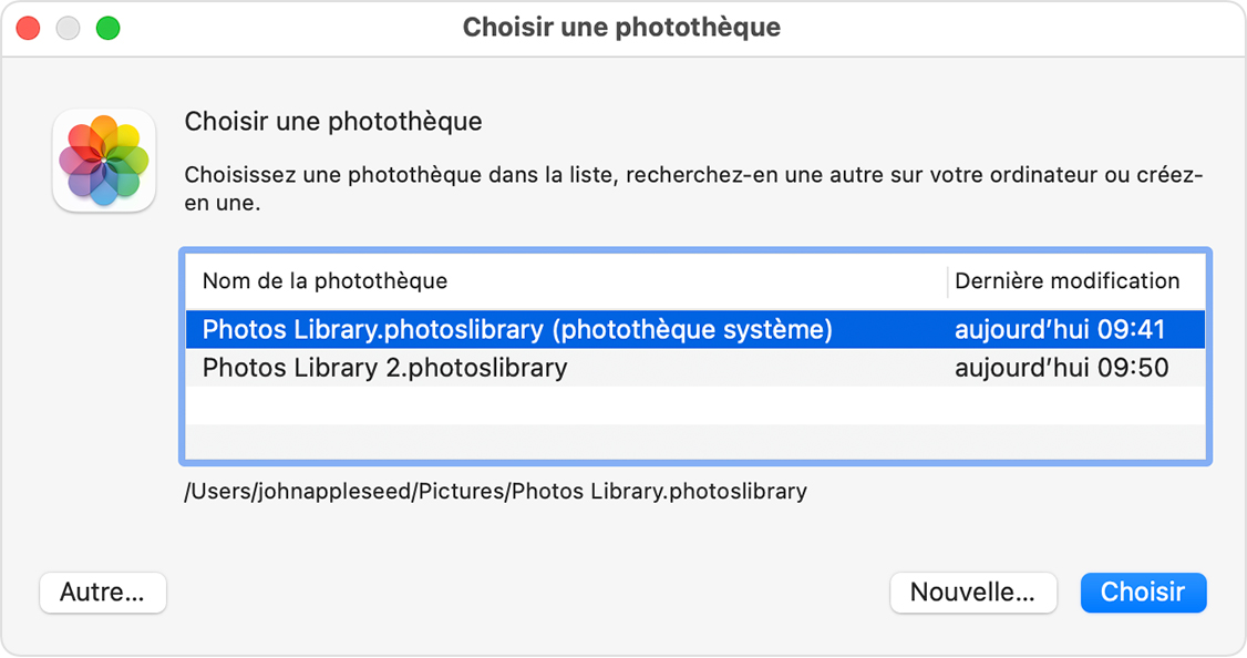 Fenêtre Choisir une photothèque de l’app Photos sous macOS