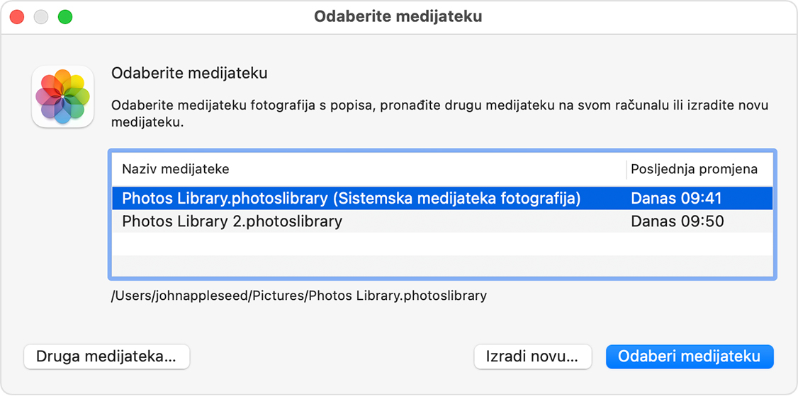 Prozor Odaberi medijateku aplikacije Foto u sustavu macOS