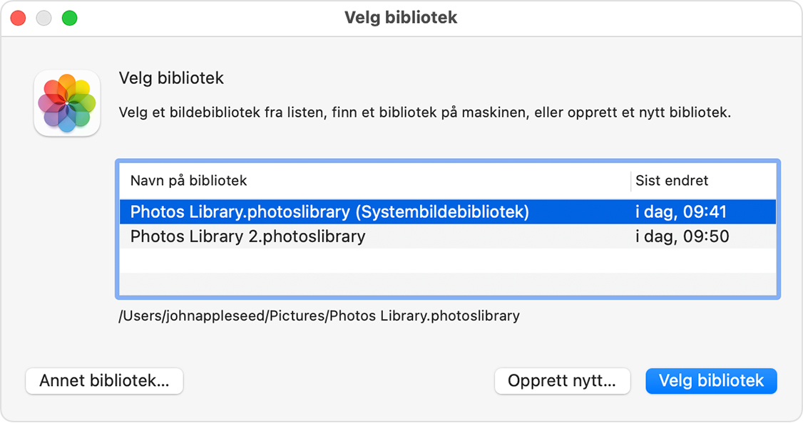 Vinduet Velg bibliotek i Bilder i macOS
