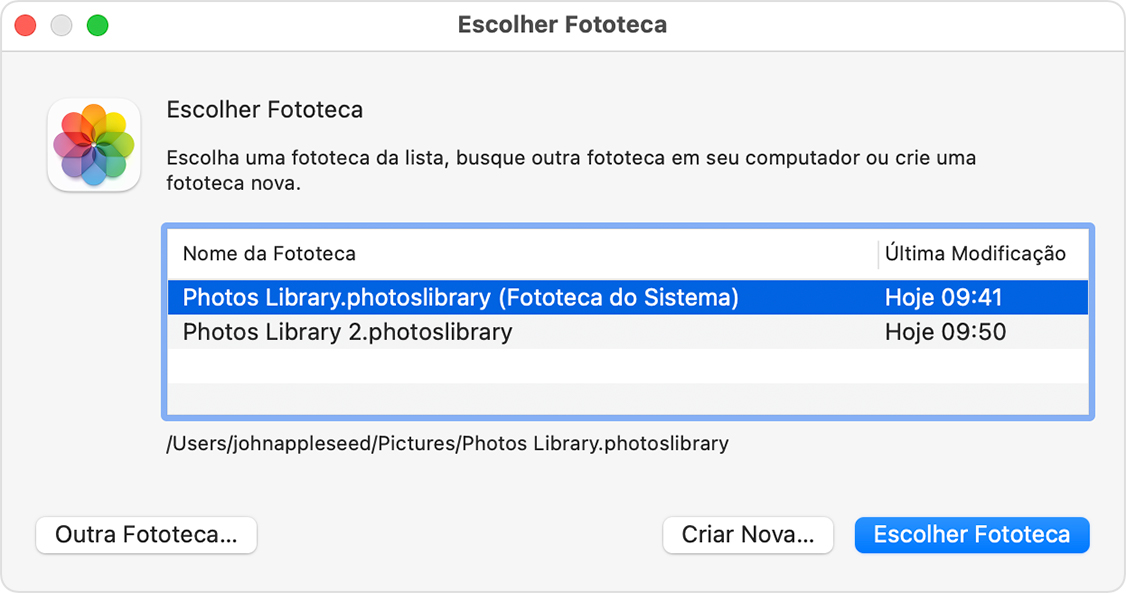 Janela Escolher Fototeca do app Fotos do macOS