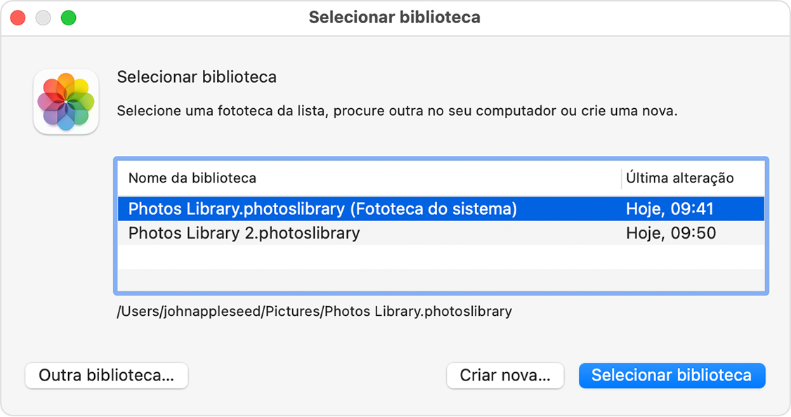 Janela Selecionar biblioteca da app Fotografias do macOS