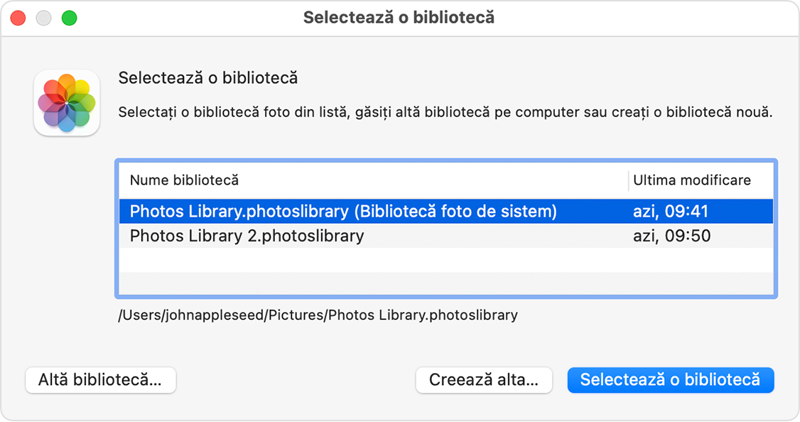 Fereastra Selectați o bibliotecă din aplicația Poze pe macOS