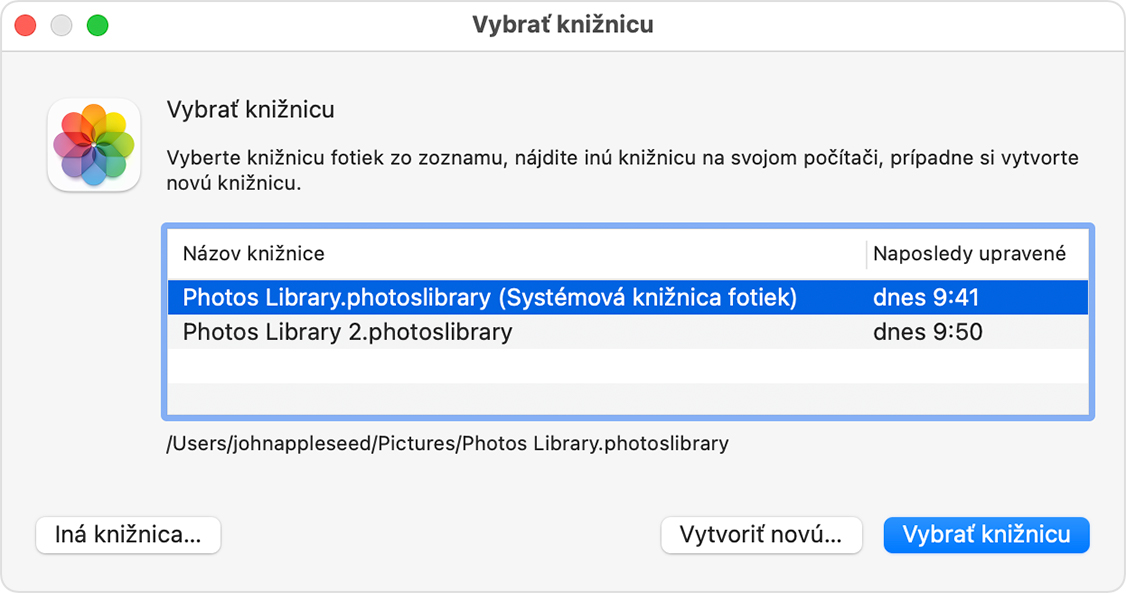 Okno Vybrať knižnicu apky Fotky pre macOS