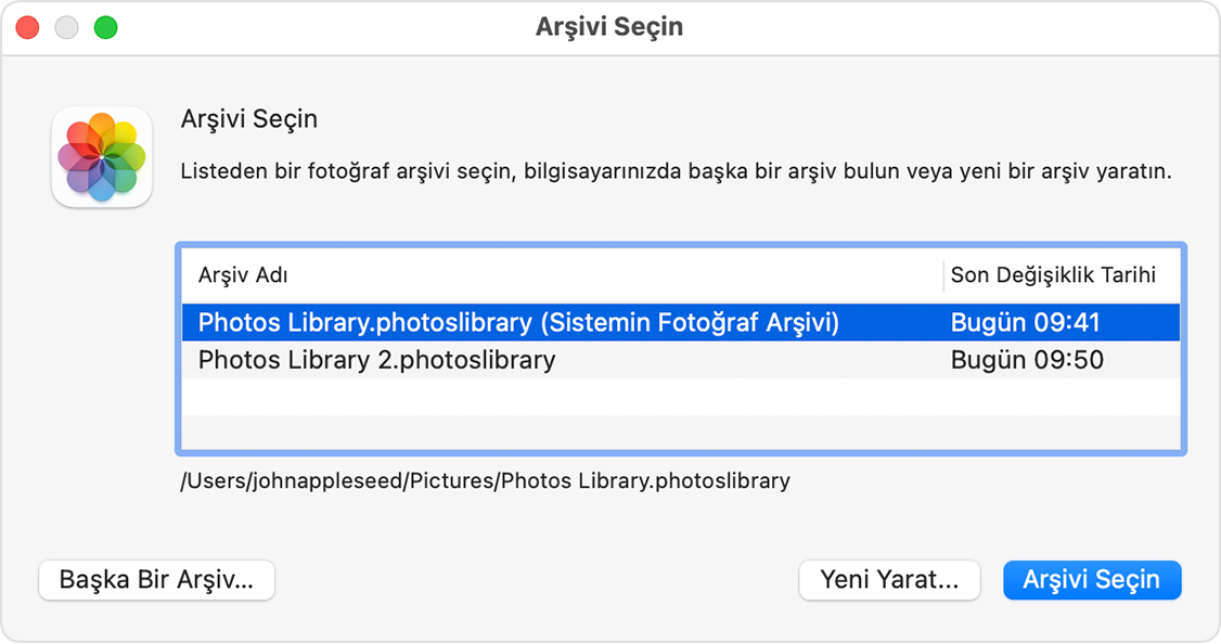 macOS'teki Fotoğraflar uygulamasında Arşivi Seçin penceresi