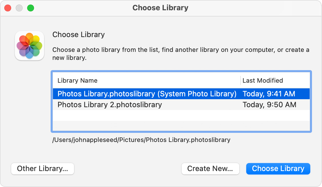macOS Photos app Choose Library window