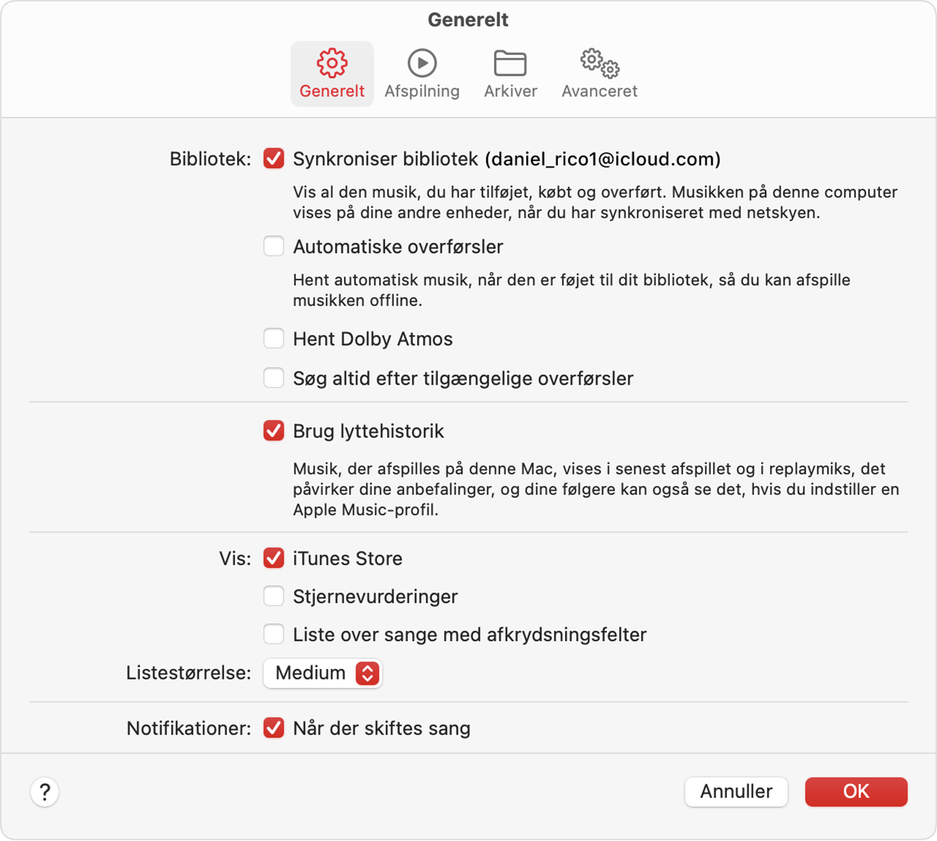Vindue med indstillinger i appen Apple Music, der viser, at iTunes Store er valgt