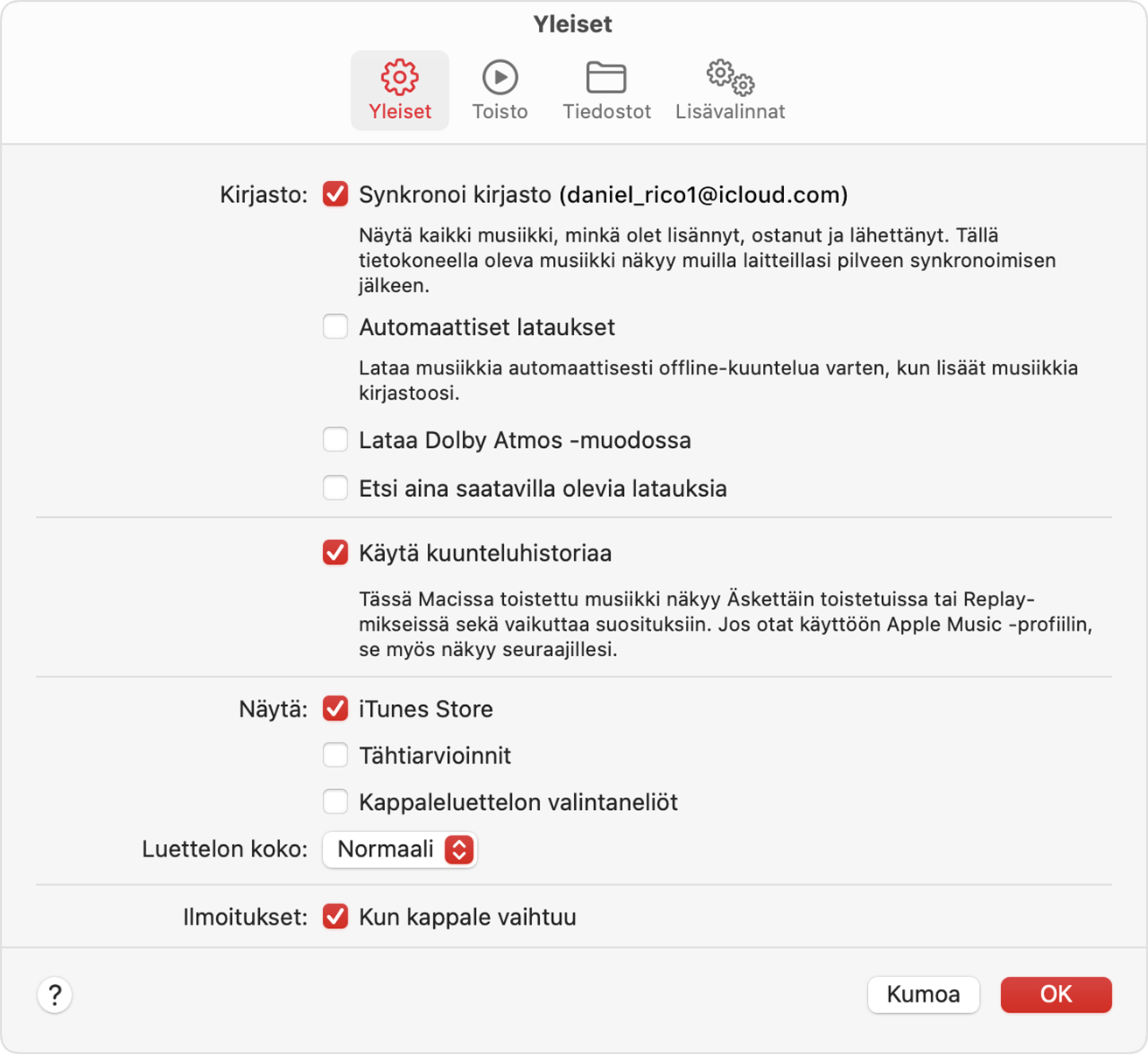 Apple Music -apin asetusikkuna, jossa iTunes Store näkyy valittuna