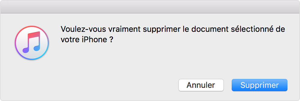 Sélectionnez le bouton Supprimer dans iTunes pour confirmer que vous souhaitez supprimer le document sélectionné.