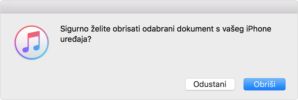 Odaberite gumb Izbriši u aplikaciji iTunes da biste potvrdili da želite izbrisati odabrani dokument.