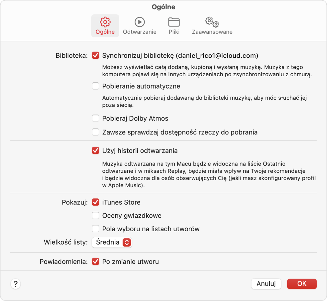 Ustawienia aplikacji Apple Music przedstawiające włączoną opcję Synchronizuj bibliotekę