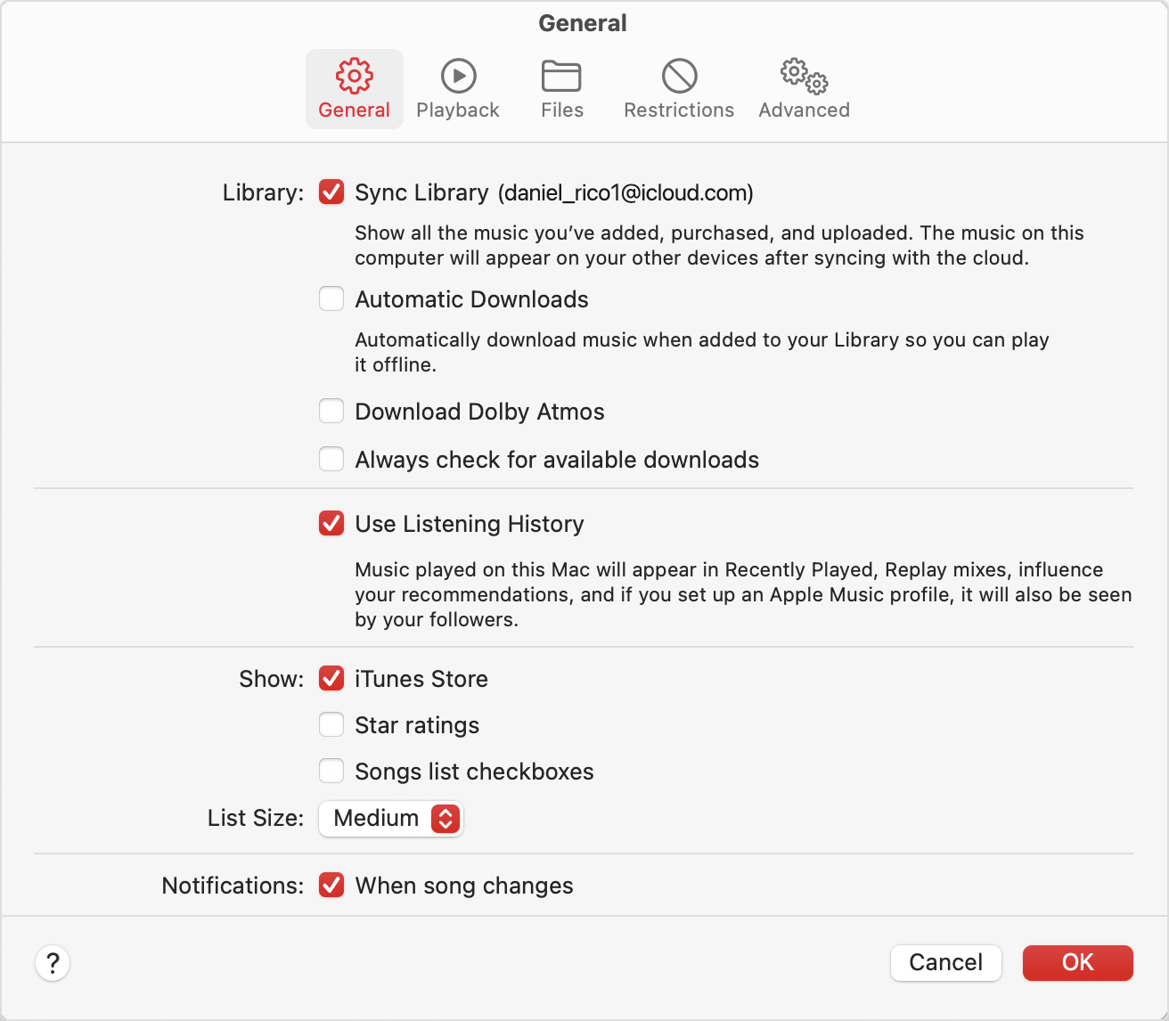 „Apple Music“ nustatymai, kuriose rodoma įjungta funkcija „Sync Library“ (sinchronizuoti biblioteką)