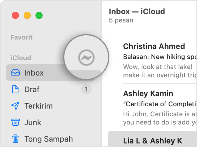 Akun iCloud di bar samping Mail dengan ikon petir yang ditampilkan