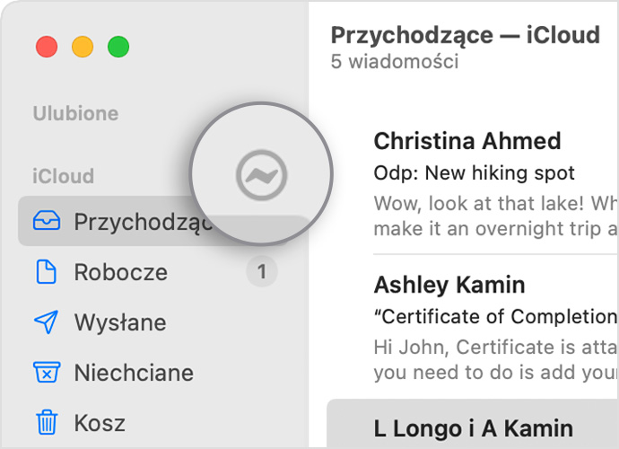 Konto iCloud na pasku bocznym aplikacji Poczta z ikoną błyskawicy