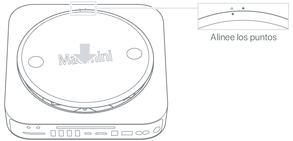 Parte inferior de la Mac mini en la que se muestra la cubierta inferior en posición desbloqueada