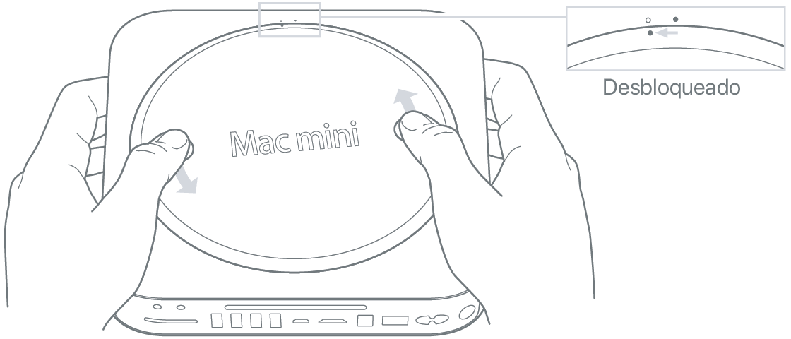 Dos manos girando la cubierta inferior de la Mac mini