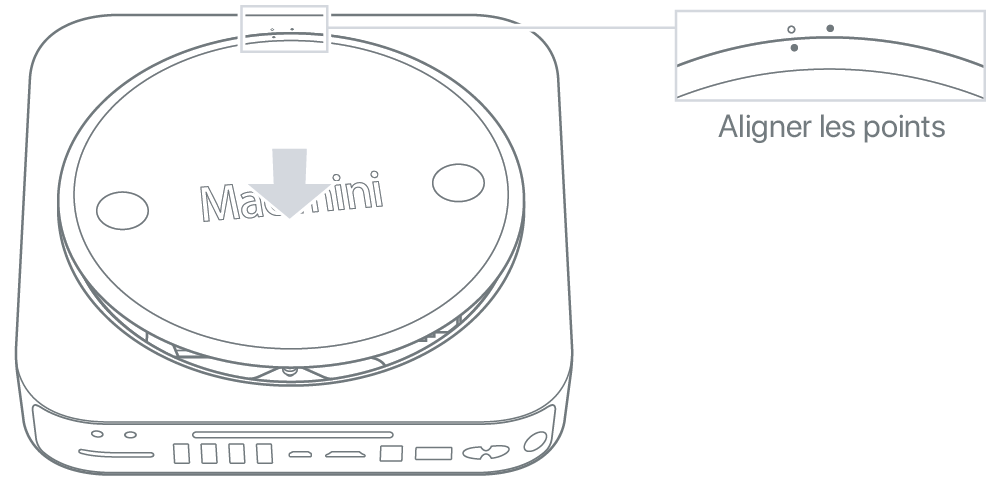 Un Mac mini vu de dessous, avec le capot inférieur en position déverrouillée