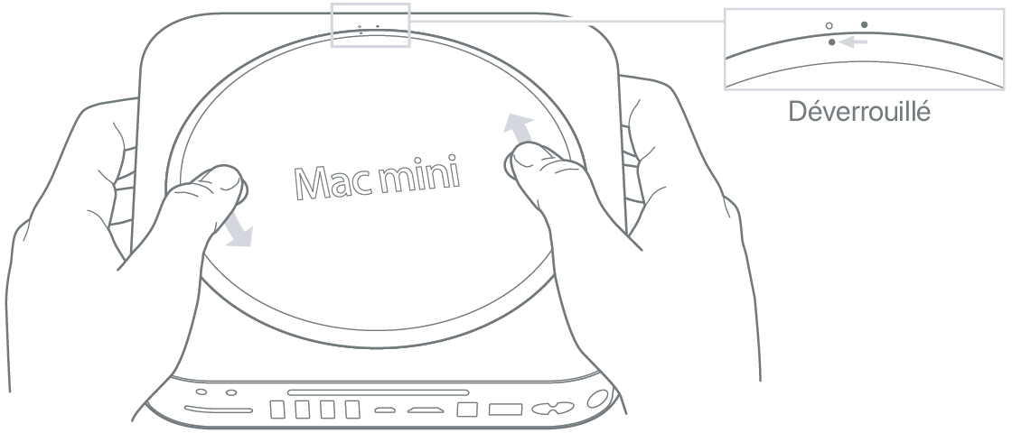 Deux mains faisant pivoter le capot inférieur du Mac mini