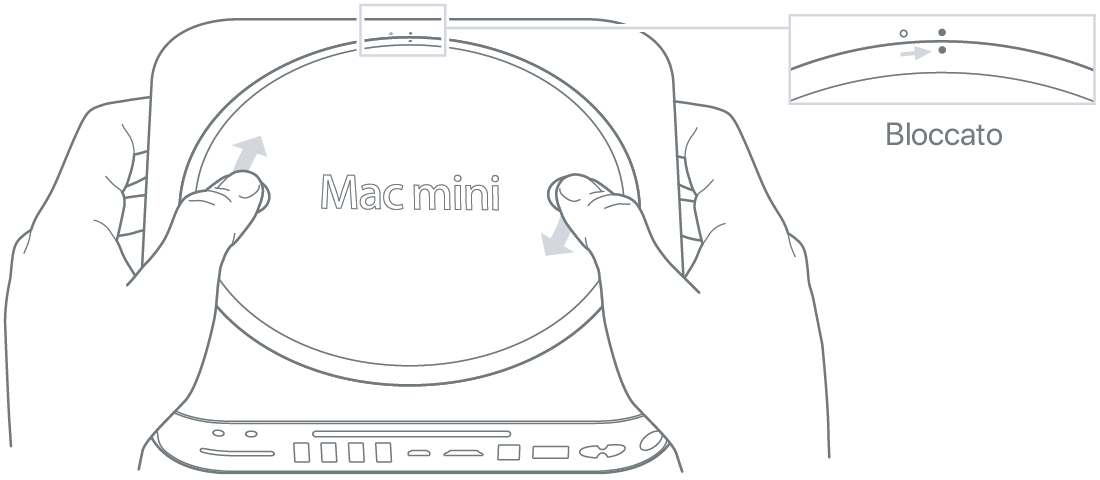 Lato inferiore di Mac mini con il coperchio inferiore in posizione di blocco