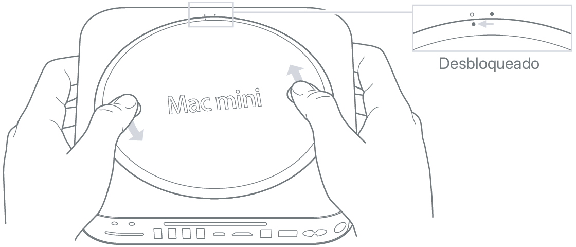 Duas mãos girando a tampa inferior do Mac mini