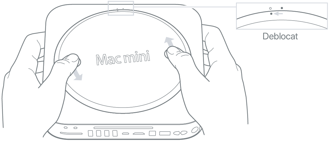 Două mâini rotind capacul inferior al computerului Mac mini