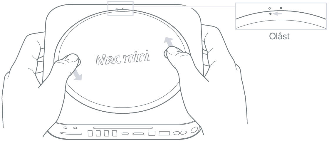 Två händer som vrider bottenplattan på Mac mini