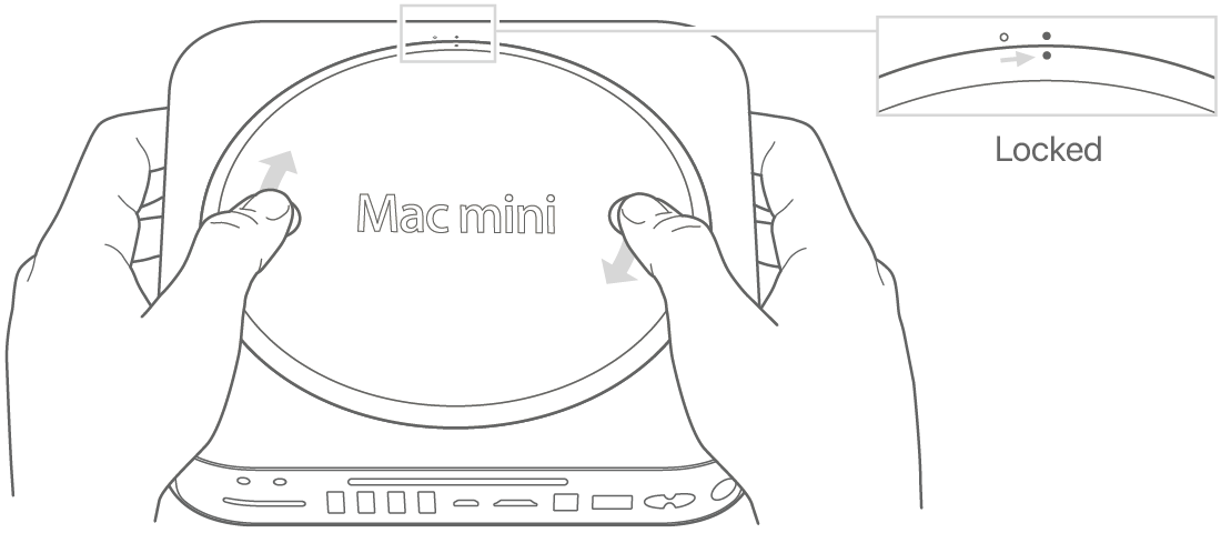 ด้านล่างของ Mac mini ที่แสดงฝาครอบด้านล่างในตำแหน่งล็อค