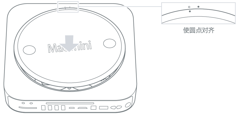 Mac mini 的底面，显示底盖处于解锁位置