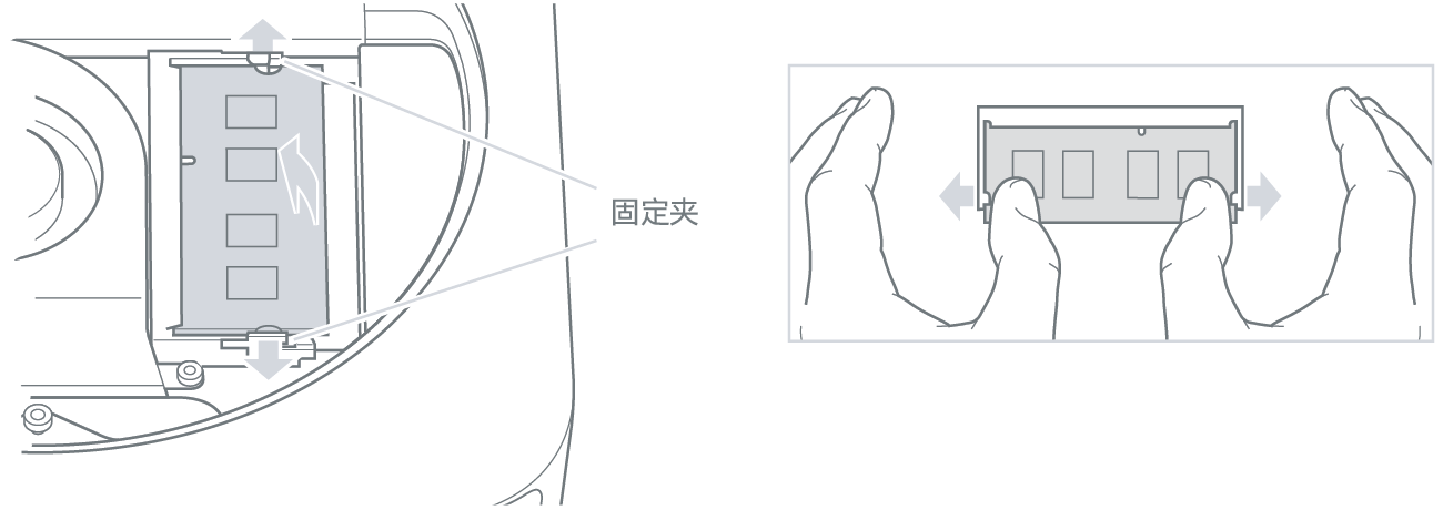 两只手拨开固定夹以松开内存条