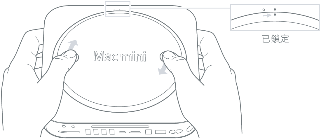 Mac mini 底部的底蓋已鎖入定位