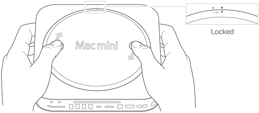 הצד התחתון של ה-Mac mini המראה את המכסה התחתון במצב נעול