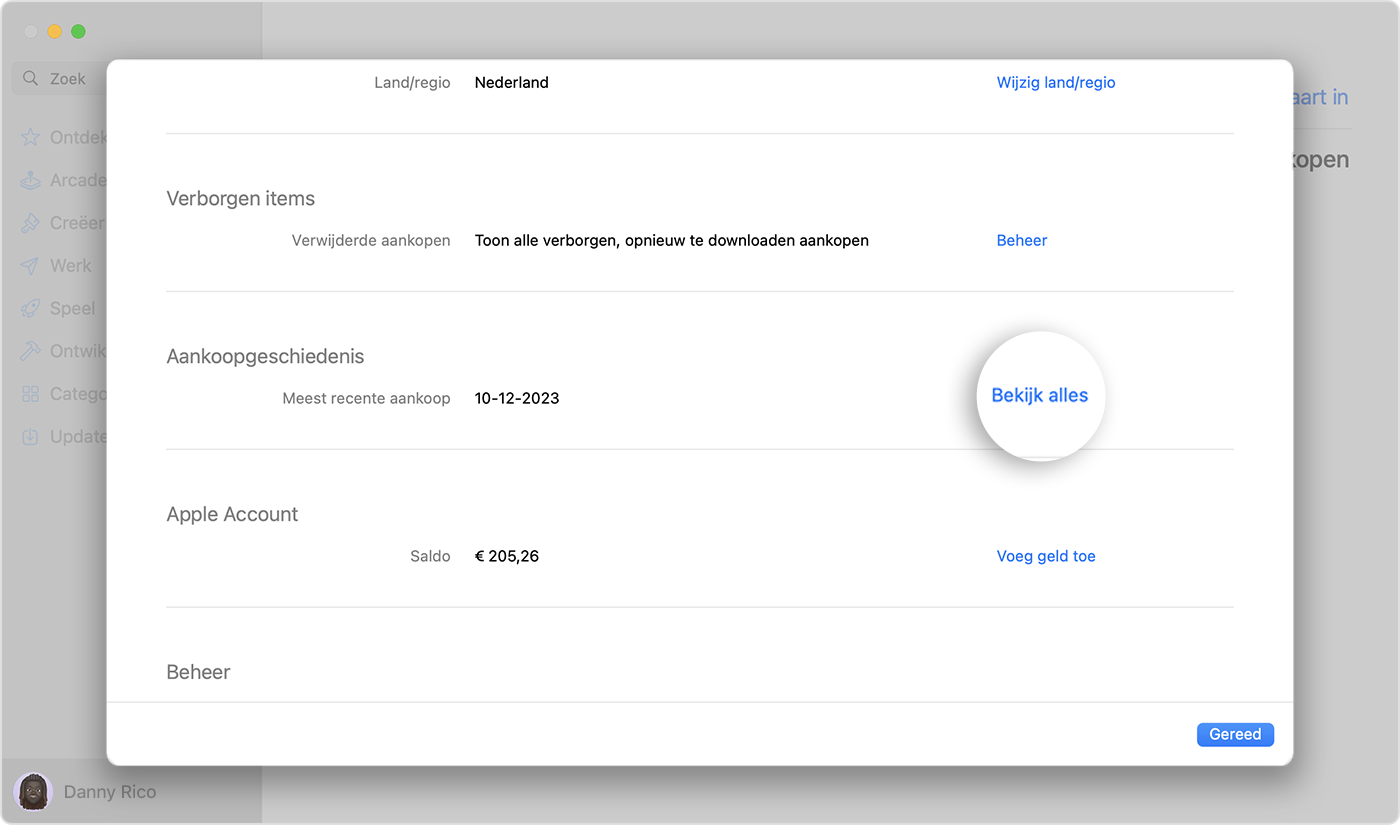 Een afbeelding met 'Accountinstellingen' in de App Store in macOS. Een knop voor 'Bekijk alles' is gemarkeerd.