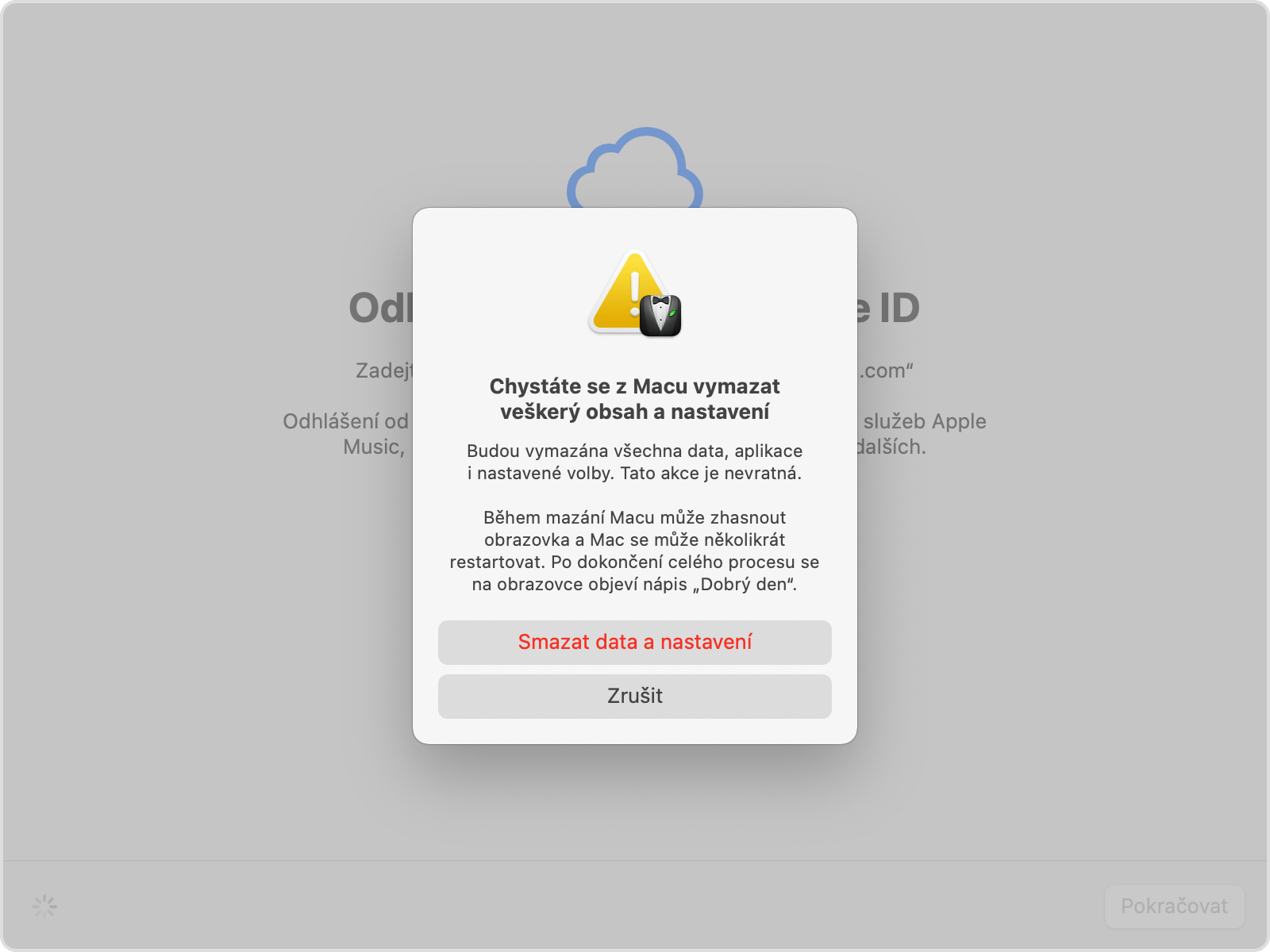 Výzva akce Smazat data a nastavení