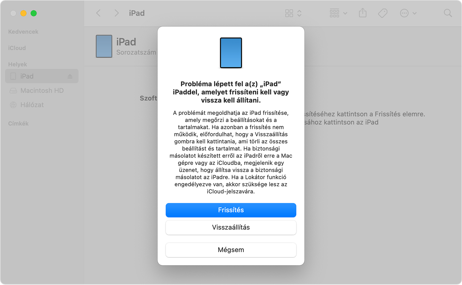 macOS Monterey Finder, iPad frissítése vagy visszaállítása a Finder segítségével