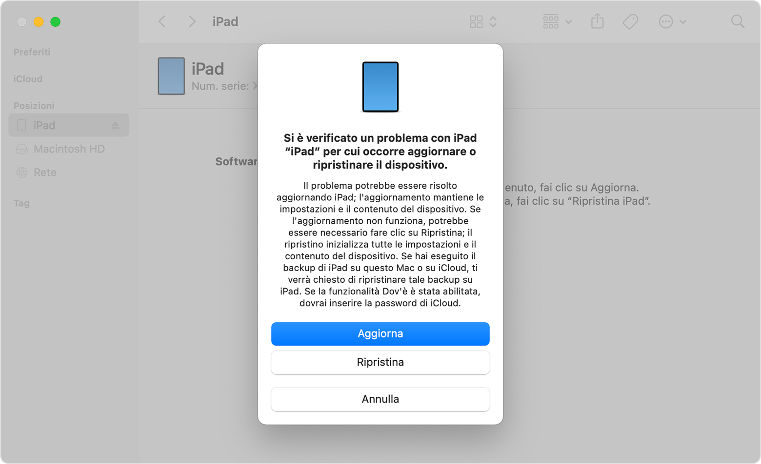 Finder in macOS Monterey su iPad; aggiornamento o ripristino su iPad dal Finder