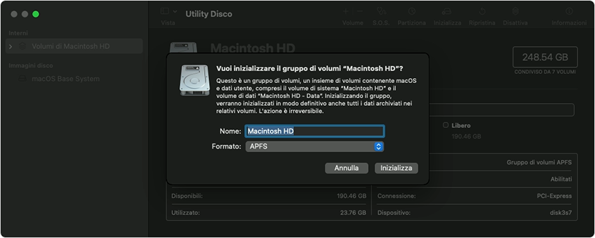 Modalità di recupero in macOS Monterey; inizializzazione di un gruppo di volumi con Utility Disco