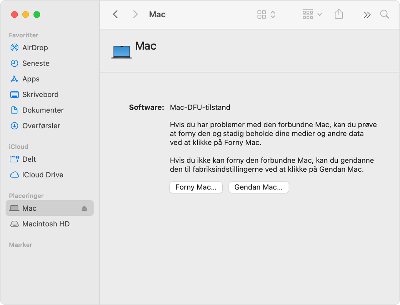 Finder-vindue, der viser "Mac" valgt i indholdsoversigten