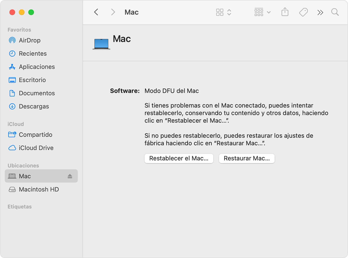 Una ventana del Finder que muestra el Mac seleccionado en la barra lateral