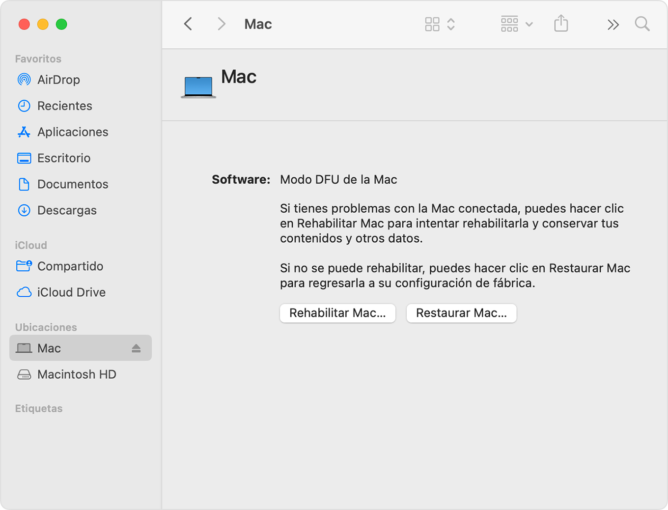 Ventana de Finder que muestra la opción "Mac" seleccionada en la barra lateral