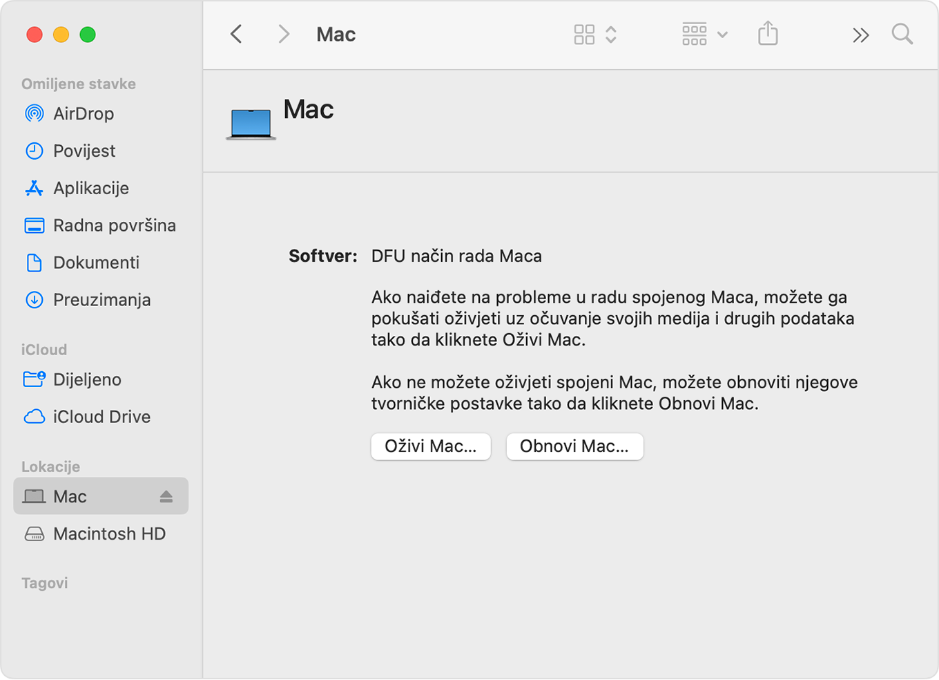 Prozor programa Finder koji prikazuje „Mac” odabran na rubnom stupcu