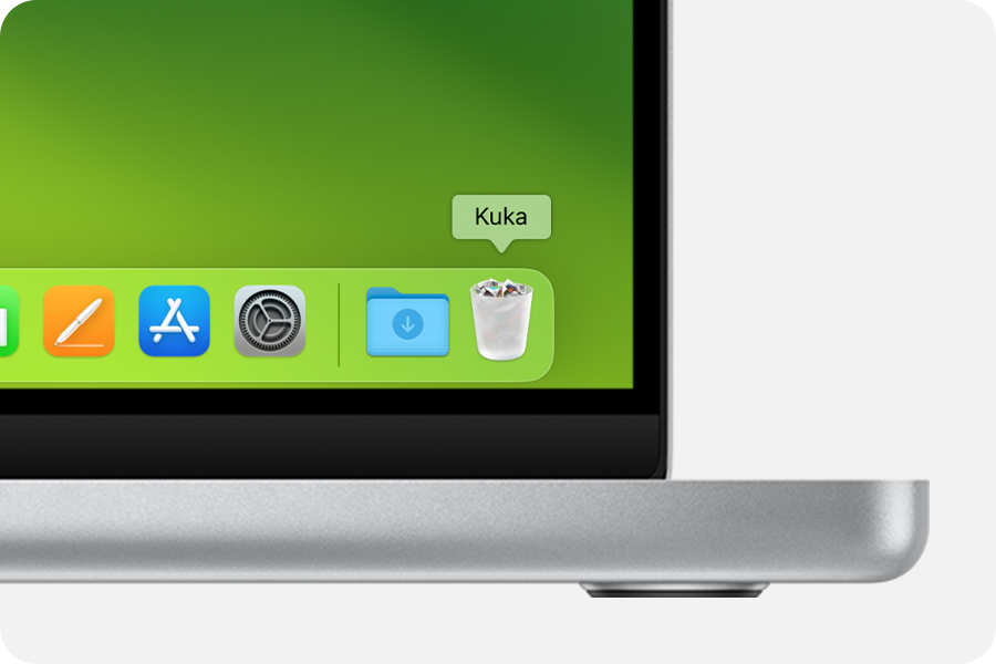 A Mac képernyője, ahol a Dockban a Kuka ikon látható