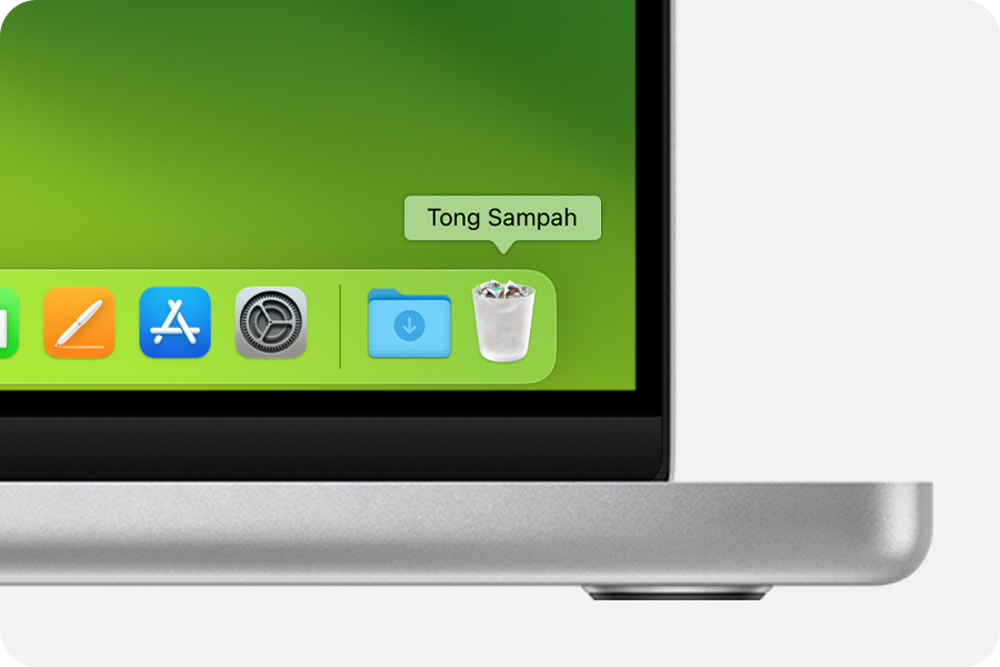Layar Mac menampilkan ikon Tong Sampah di Dock