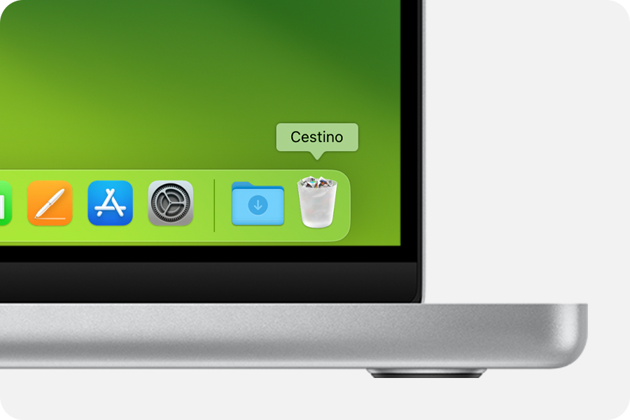 Schermata del Mac che mostra l'icona del Cestino nel Dock