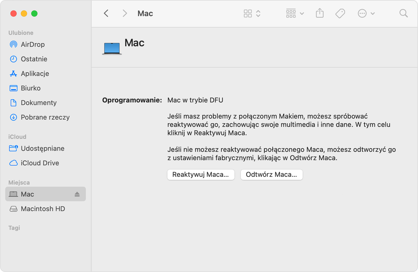 Okno Findera z zaznaczoną opcją „Mac” na pasku bocznym