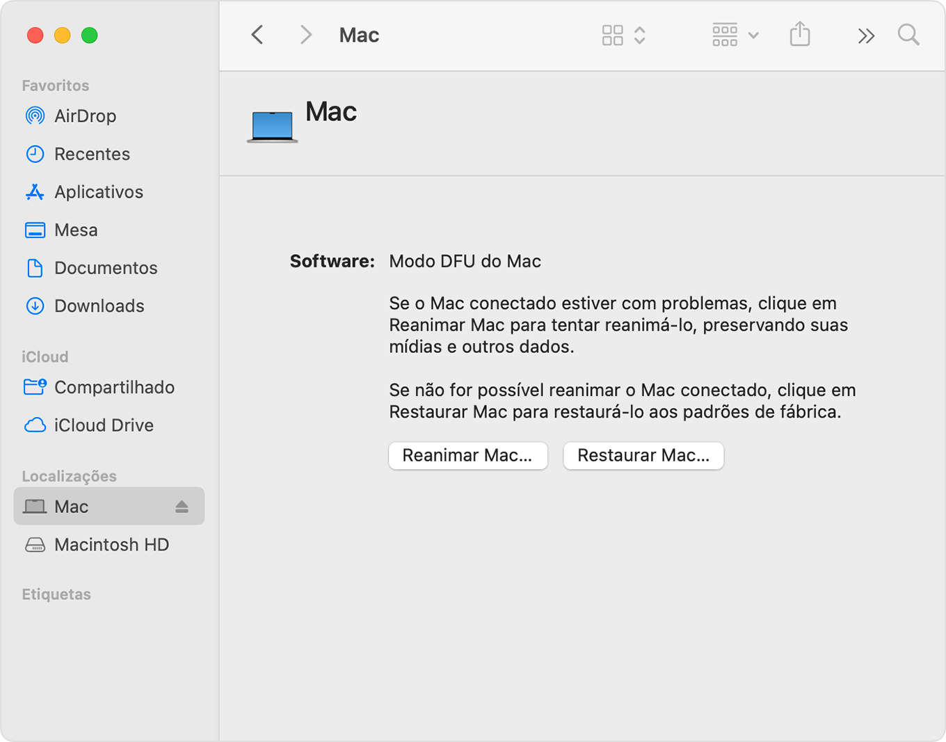 Uma janela do Finder mostrando "Mac" selecionado na barra lateral