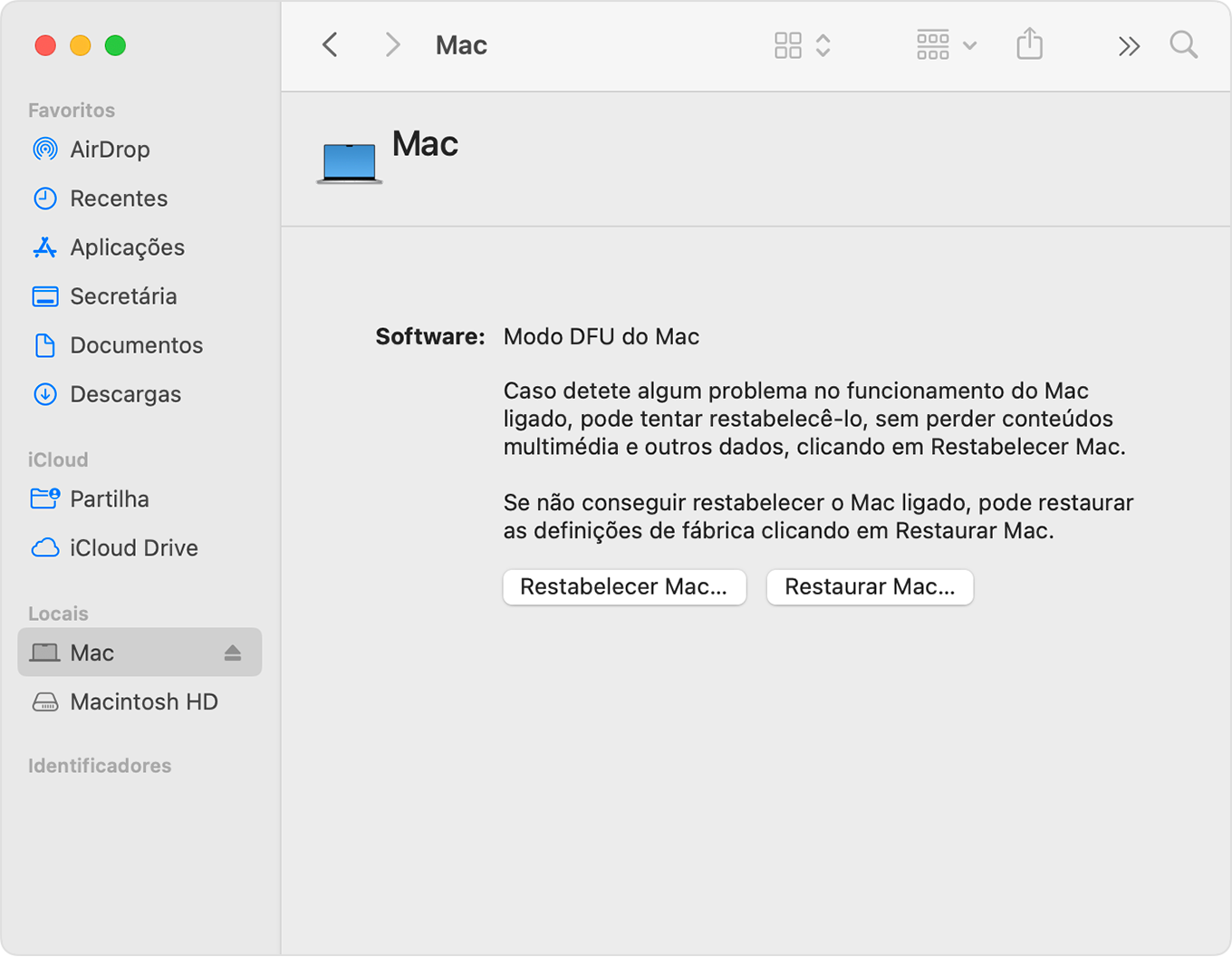 Janela do Finder a mostrar "Mac" selecionado na barra lateral